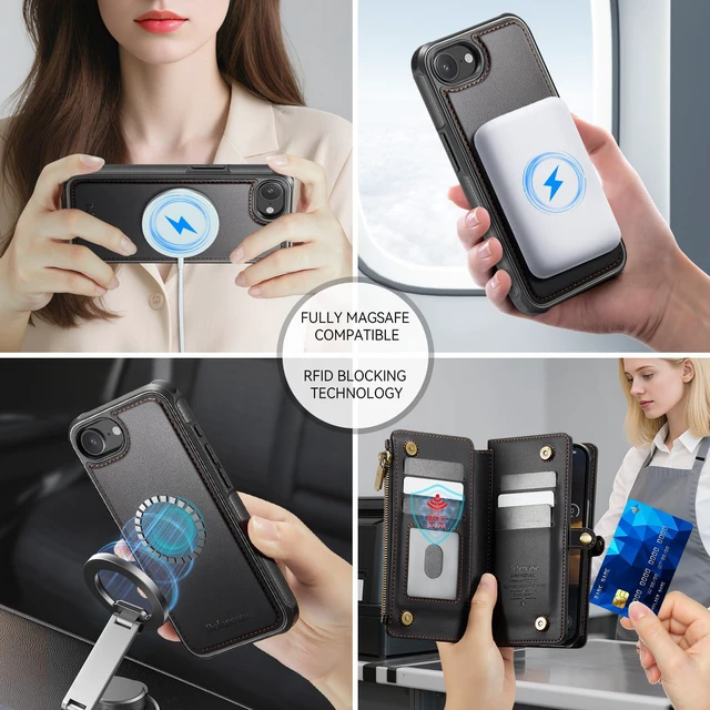 Alt view image 4 of 7 - for iPhone 17e/16e Case Wallet Compatible with Magsafe, Black | Drop-Proof Magnetic Detachable Phone Cases Cover, with RFID Bolcking Card Holder, Zipper Strap, PU Leather, Removable Wallet
