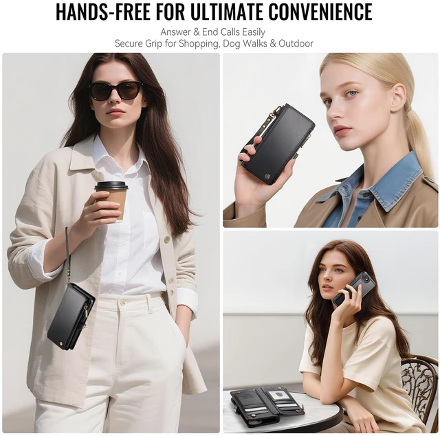 Alt view image 6 of 7 - for iPhone 17e/16e Case Wallet Compatible with Magsafe, Black | Drop-Proof Magnetic Detachable Phone Cases Cover, with RFID Bolcking Card Holder, Zipper Strap, PU Leather, Removable Wallet