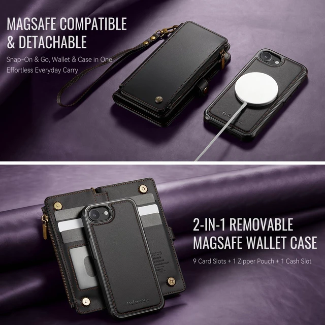 Alt view image 7 of 7 - for iPhone 17e/16e Case Wallet Compatible with Magsafe, Black | Drop-Proof Magnetic Detachable Phone Cases Cover, with RFID Bolcking Card Holder, Zipper Strap, PU Leather, Removable Wallet