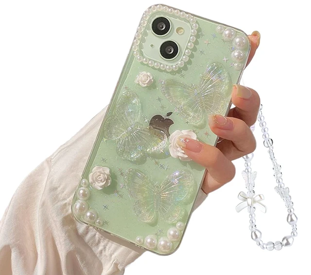 Main image of Compatible with iPhone 14/13 Butterfly Floral Clear with Design Aesthetic Women Teen Girls Glitter Pretty Crystal Sparkle Sparkly Cute Girly Phone Cases Protective Cover+Chain-Clear