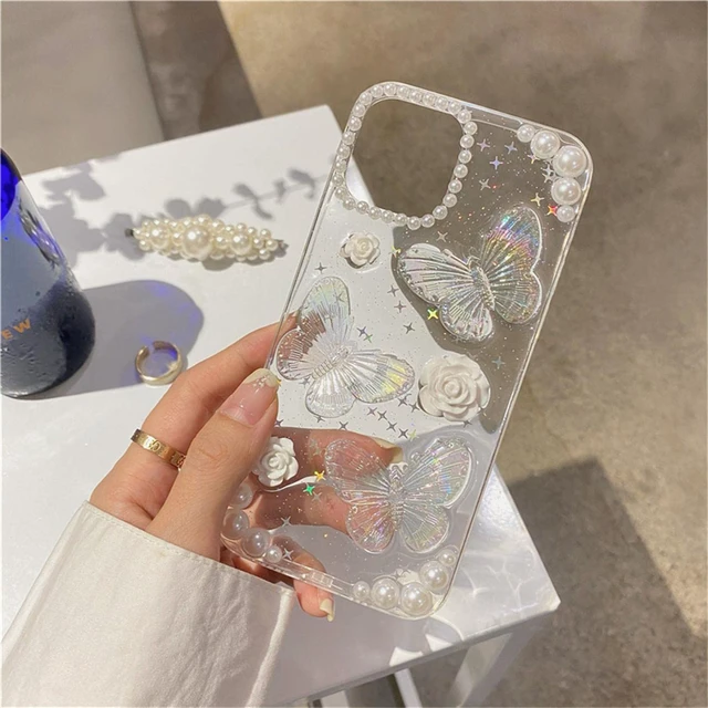 Alt view image 2 of 7 - Compatible with iPhone 14/13 Butterfly Floral Clear with Design Aesthetic Women Teen Girls Glitter Pretty Crystal Sparkle Sparkly Cute Girly Phone Cases Protective Cover+Chain-Clear