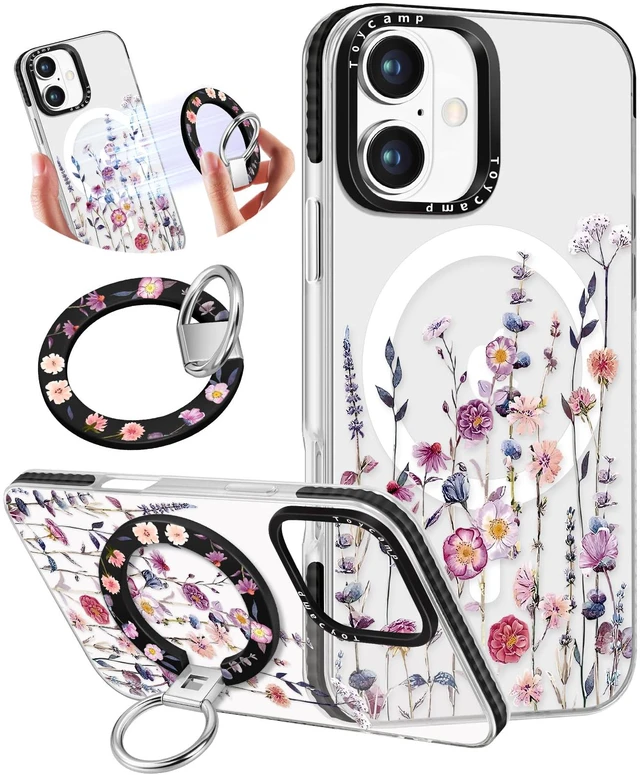 Main image of for iPhone 17 Clear Case Compatible with Magsafe - for Women Girls Cute Design 360° Magnetic Ring Holder Stand Kickstand Purple Flower Girly Fashion Funny Pretty TPU Aesthetic Phone Cover