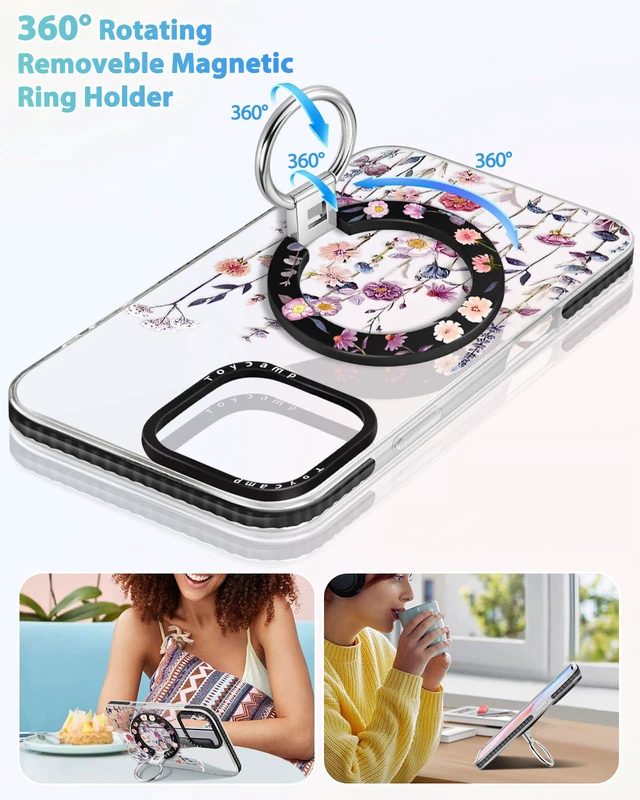 Alt view image 3 of 6 - for iPhone 17 Clear Case Compatible with Magsafe - for Women Girls Cute Design 360° Magnetic Ring Holder Stand Kickstand Purple Flower Girly Fashion Funny Pretty TPU Aesthetic Phone Cover