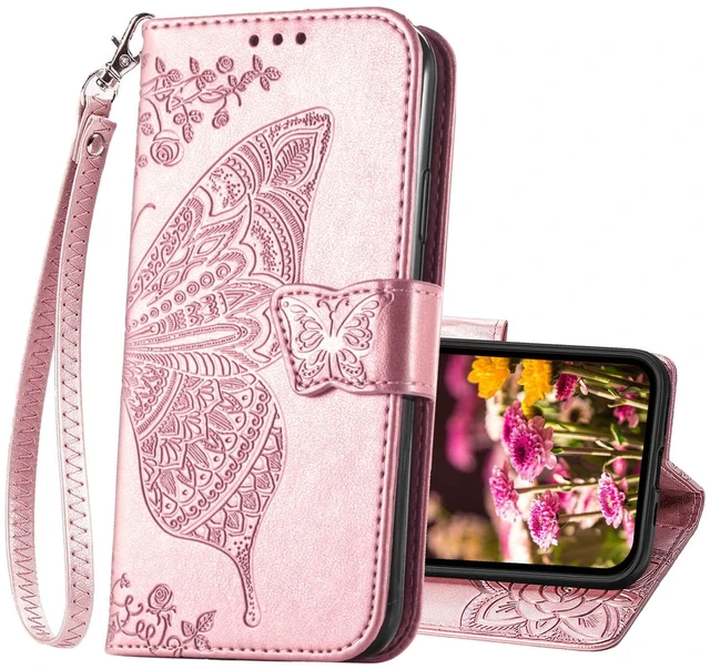 Main image of Compatible with iPhone 14 Wallet Case for Women, Rose Gold | Butterfly Embossed Protective Phone Cover, Flip Folio PU Leather, Card Holder Slots, Stand, Wrist Strap, 6.1 Inch