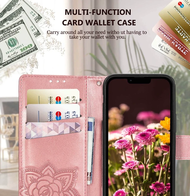 Alt view image 3 of 7 - Compatible with iPhone 14 Wallet Case for Women, Rose Gold | Butterfly Embossed Protective Phone Cover, Flip Folio PU Leather, Card Holder Slots, Stand, Wrist Strap, 6.1 Inch