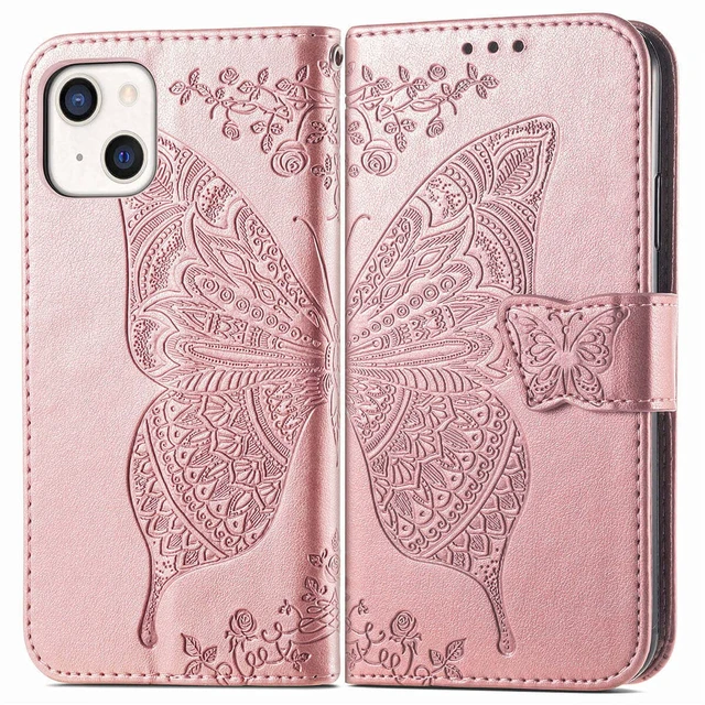 Alt view image 2 of 7 - Compatible with iPhone 14 Wallet Case for Women, Rose Gold | Butterfly Embossed Protective Phone Cover, Flip Folio PU Leather, Card Holder Slots, Stand, Wrist Strap, 6.1 Inch