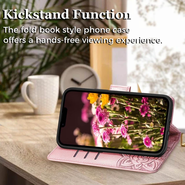 Alt view image 4 of 7 - Compatible with iPhone 14 Wallet Case for Women, Rose Gold | Butterfly Embossed Protective Phone Cover, Flip Folio PU Leather, Card Holder Slots, Stand, Wrist Strap, 6.1 Inch