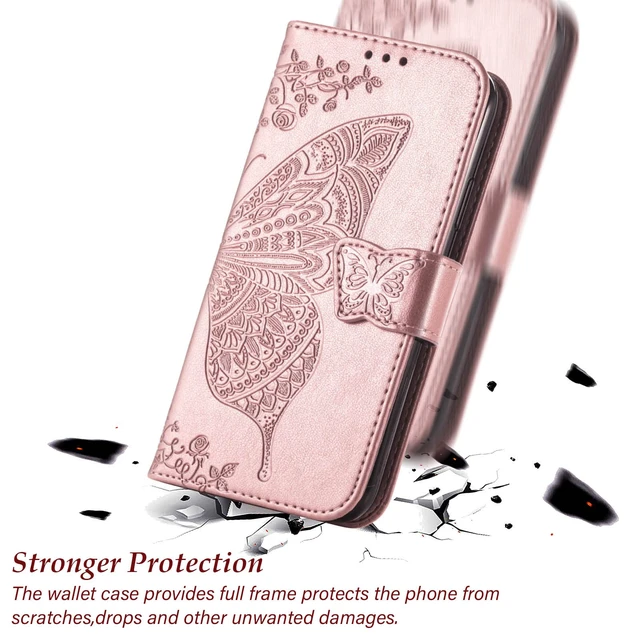 Alt view image 6 of 7 - Compatible with iPhone 14 Wallet Case for Women, Rose Gold | Butterfly Embossed Protective Phone Cover, Flip Folio PU Leather, Card Holder Slots, Stand, Wrist Strap, 6.1 Inch