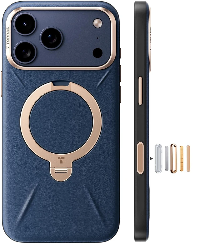 Main image of Q3 VegSkin for iPhone 17 Pro Max Case Leather, 360 Spin Magnetic Stand, Fit for MagSafe, Camera Control, Shockproof Premium Organic Silicone Leather Phone Case for iPhone 17 Pro Max, Deep Blue