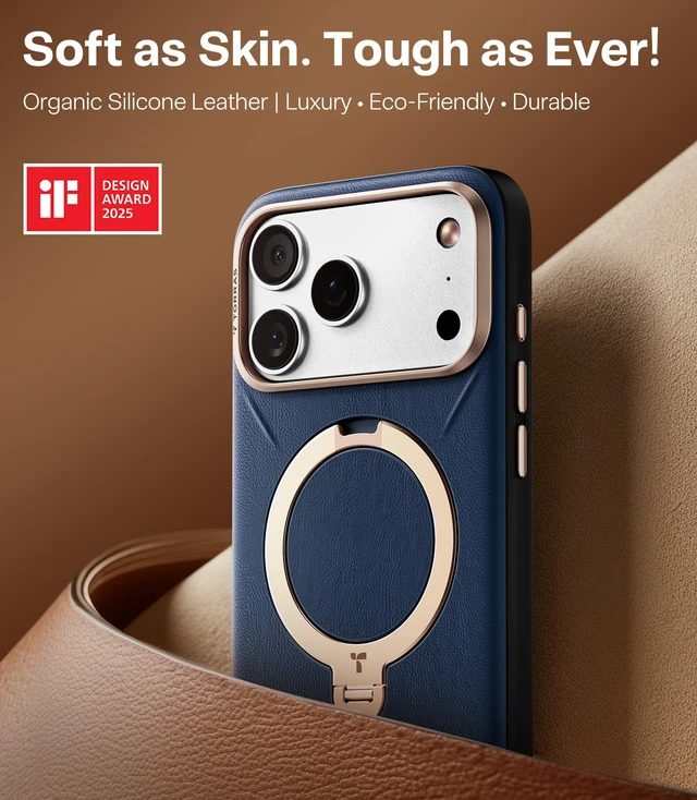 Alt view image 3 of 7 - Q3 VegSkin for iPhone 17 Pro Max Case Leather, 360 Spin Magnetic Stand, Fit for MagSafe, Camera Control, Shockproof Premium Organic Silicone Leather Phone Case for iPhone 17 Pro Max, Deep Blue