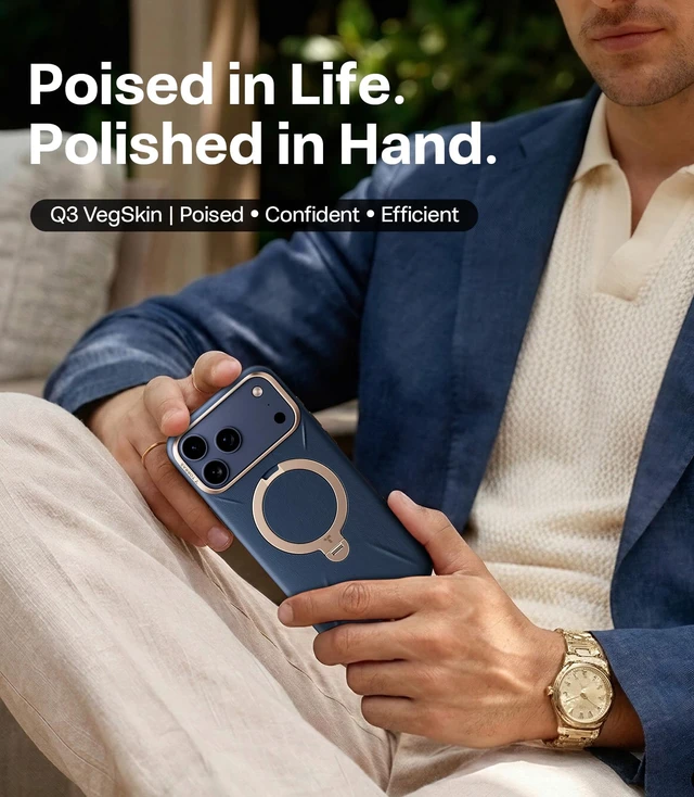 Alt view image 2 of 7 - Q3 VegSkin for iPhone 17 Pro Max Case Leather, 360 Spin Magnetic Stand, Fit for MagSafe, Camera Control, Shockproof Premium Organic Silicone Leather Phone Case for iPhone 17 Pro Max, Deep Blue