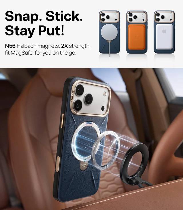 Alt view image 5 of 7 - Q3 VegSkin for iPhone 17 Pro Max Case Leather, 360 Spin Magnetic Stand, Fit for MagSafe, Camera Control, Shockproof Premium Organic Silicone Leather Phone Case for iPhone 17 Pro Max, Deep Blue