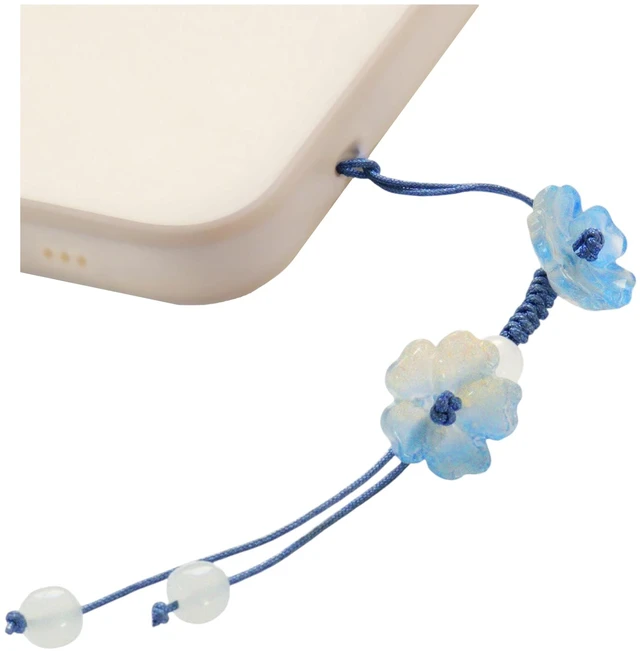 Main image of Handmade Cute Cherry Blossom Beads Phone Lanyard, Kawaii Braided Flower Mobile Phone Lanyard, Cute Glass Bead Charm, Key Chain, Bag Charm (Blue)