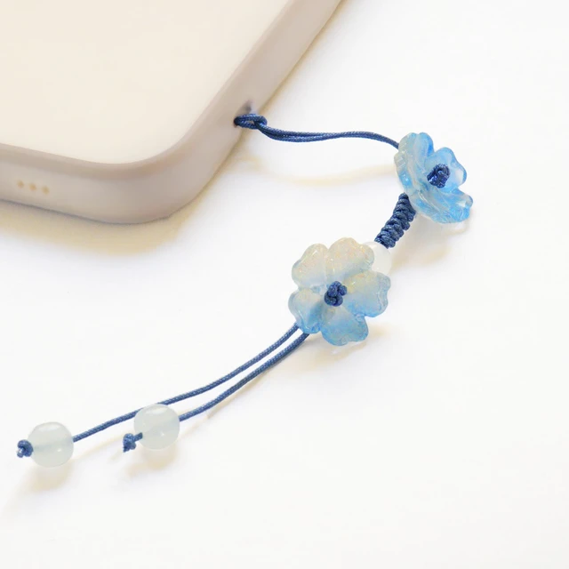Alt view image 3 of 6 - Handmade Cute Cherry Blossom Beads Phone Lanyard, Kawaii Braided Flower Mobile Phone Lanyard, Cute Glass Bead Charm, Key Chain, Bag Charm (Blue)