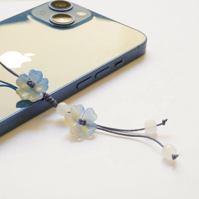 Alt view image 4 of 6 - Handmade Cute Cherry Blossom Beads Phone Lanyard, Kawaii Braided Flower Mobile Phone Lanyard, Cute Glass Bead Charm, Key Chain, Bag Charm (Blue)