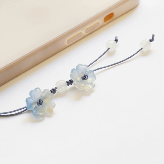 Alt view image 5 of 6 - Handmade Cute Cherry Blossom Beads Phone Lanyard, Kawaii Braided Flower Mobile Phone Lanyard, Cute Glass Bead Charm, Key Chain, Bag Charm (Blue)