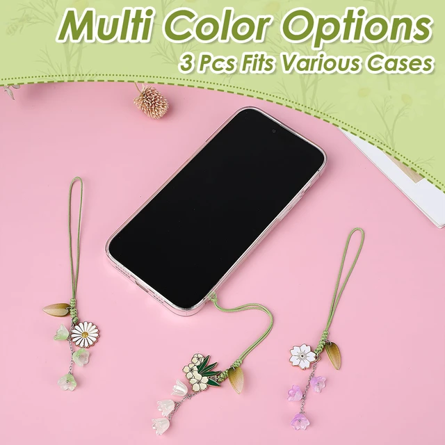 Alt view image 3 of 7 - 3pcs Cherry Blossom Daisy Flower Phone Charm, Mobile Decorative Pendant Handmade Bracelet Keychain Cute Anti-lost Phone Chain Strap for Women