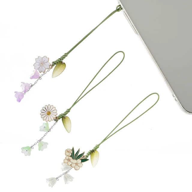 Alt view image 5 of 7 - 3pcs Cherry Blossom Daisy Flower Phone Charm, Mobile Decorative Pendant Handmade Bracelet Keychain Cute Anti-lost Phone Chain Strap for Women