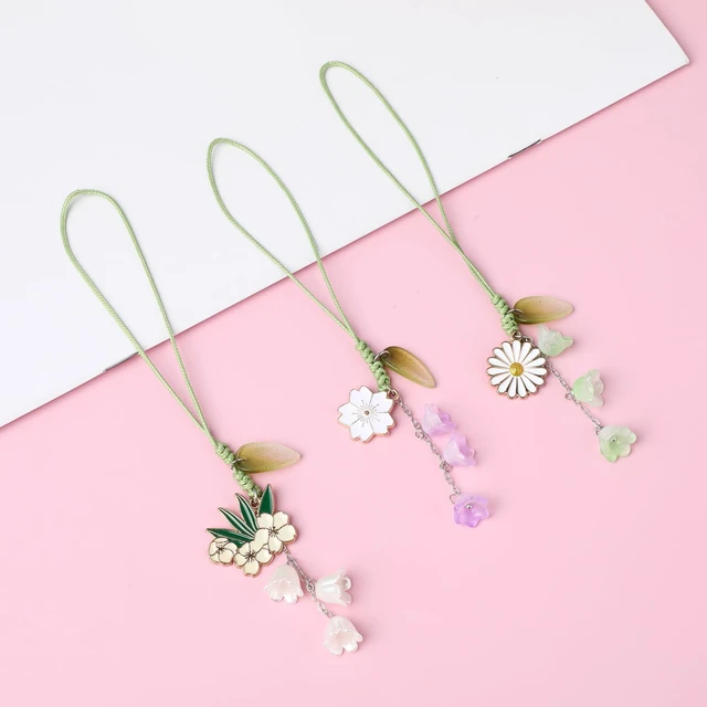 Alt view image 7 of 7 - 3pcs Cherry Blossom Daisy Flower Phone Charm, Mobile Decorative Pendant Handmade Bracelet Keychain Cute Anti-lost Phone Chain Strap for Women