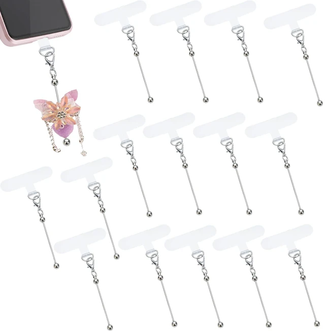 Main image of 15 Pack Beadable Phone Charms with Blank Bar Smartphone Tether Tap Universal Lanyard Patch Accessories for Cell Mobile Phone