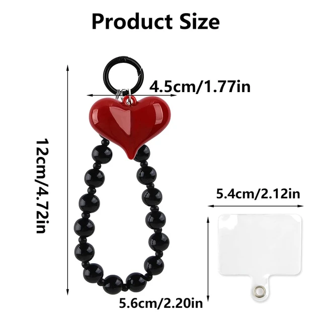 Alt view image 2 of 7 - Red Heart Phone Charm Strap Black Beaded Phone Lanyard Cute Bag Charms for Handbags Cellphone Chain Wristlet Heart Bag Charm Purse Keychain for Women Cellphone Keychain Beaded Camera Wrist Strap