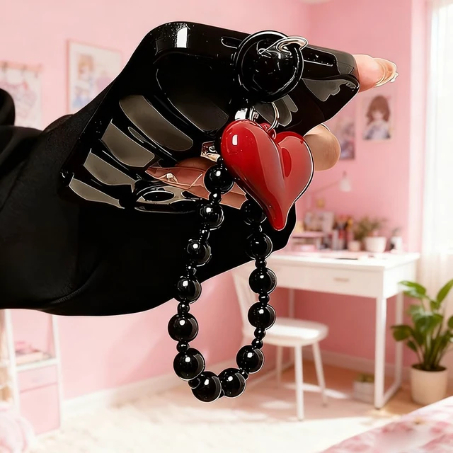Alt view image 3 of 7 - Red Heart Phone Charm Strap Black Beaded Phone Lanyard Cute Bag Charms for Handbags Cellphone Chain Wristlet Heart Bag Charm Purse Keychain for Women Cellphone Keychain Beaded Camera Wrist Strap