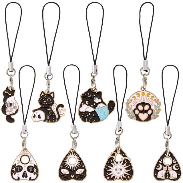 Main image of Cute Cat Cell Phone Charm Strap for Case, Black Enamel, 8 Pcs | Y2K Alloy Heart Cat Phone Chain, for Bag Keychain Camera Wallet Decor