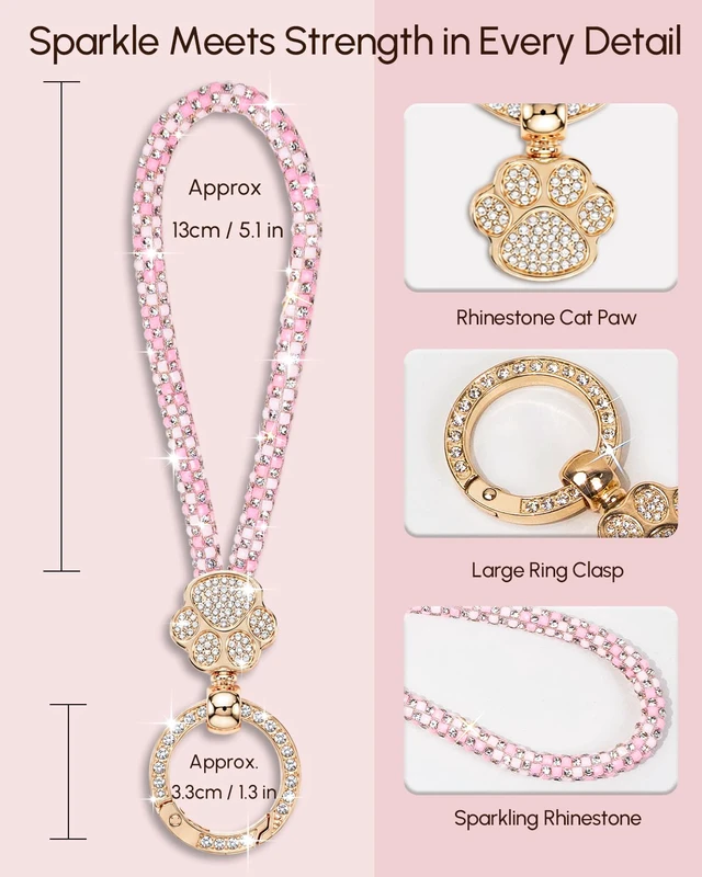 Alt view image 2 of 7 - Crystal Phone Charm Wrist Strap, Sparkly Cat Paw Wristlet, Pink | Cute Cat Paw Phone Lanyard with Large Ring Clasp, 360° Rotating Tab, Bracelet Strap Fits Bags & Keys, Gift for Women