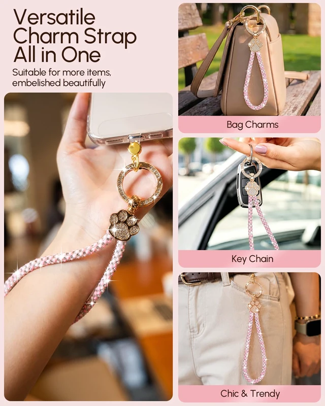 Alt view image 3 of 7 - Crystal Phone Charm Wrist Strap, Sparkly Cat Paw Wristlet, Pink | Cute Cat Paw Phone Lanyard with Large Ring Clasp, 360° Rotating Tab, Bracelet Strap Fits Bags & Keys, Gift for Women