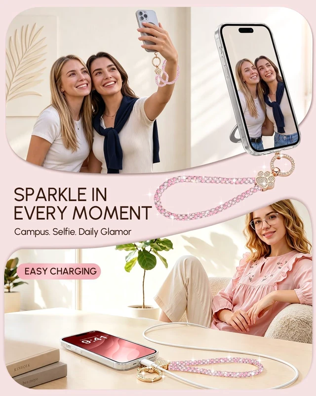 Alt view image 4 of 7 - Crystal Phone Charm Wrist Strap, Sparkly Cat Paw Wristlet, Pink | Cute Cat Paw Phone Lanyard with Large Ring Clasp, 360° Rotating Tab, Bracelet Strap Fits Bags & Keys, Gift for Women