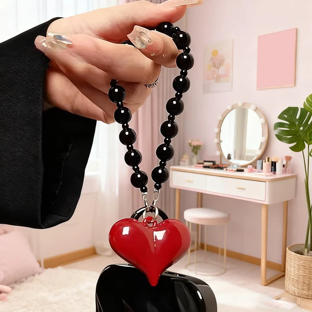 Alt view image 4 of 7 - Red Heart Phone Charm Strap Black Beaded Phone Lanyard Cute Bag Charms for Handbags Cellphone Chain Wristlet Heart Bag Charm Purse Keychain for Women Cellphone Keychain Beaded Camera Wrist Strap