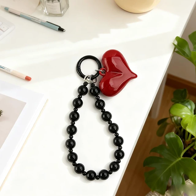Alt view image 6 of 7 - Red Heart Phone Charm Strap Black Beaded Phone Lanyard Cute Bag Charms for Handbags Cellphone Chain Wristlet Heart Bag Charm Purse Keychain for Women Cellphone Keychain Beaded Camera Wrist Strap