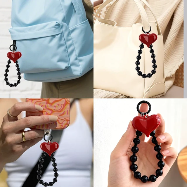 Alt view image 5 of 7 - Red Heart Phone Charm Strap Black Beaded Phone Lanyard Cute Bag Charms for Handbags Cellphone Chain Wristlet Heart Bag Charm Purse Keychain for Women Cellphone Keychain Beaded Camera Wrist Strap