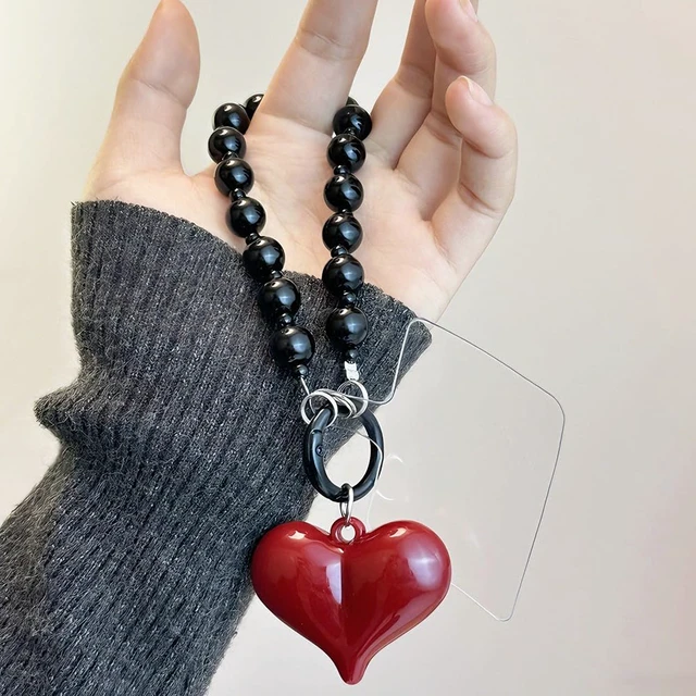 Alt view image 7 of 7 - Red Heart Phone Charm Strap Black Beaded Phone Lanyard Cute Bag Charms for Handbags Cellphone Chain Wristlet Heart Bag Charm Purse Keychain for Women Cellphone Keychain Beaded Camera Wrist Strap