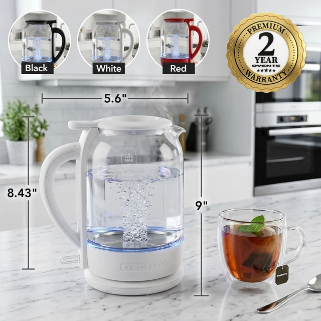 Alt view image 6 of 7 - 1.5L Glass Electric Kettle Water Boiler, White KG516W | 1500W Fast Boiling, Easy Fill Lid, Stainless Steel Filter, LED Indicator, Auto Shut-Off, Boil-Dry Protection, 360° Base