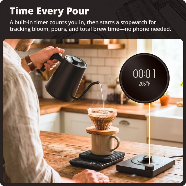 Alt view image 4 of 7 - Gooseneck Electric Kettle, 1200W Temperature Control, 0.8L | Pour-Over & Tea Kettle with Stainless Steel Interior, Built-In Brew Timer, Fast Heating for Chemex, V60, & Matcha (Black)
