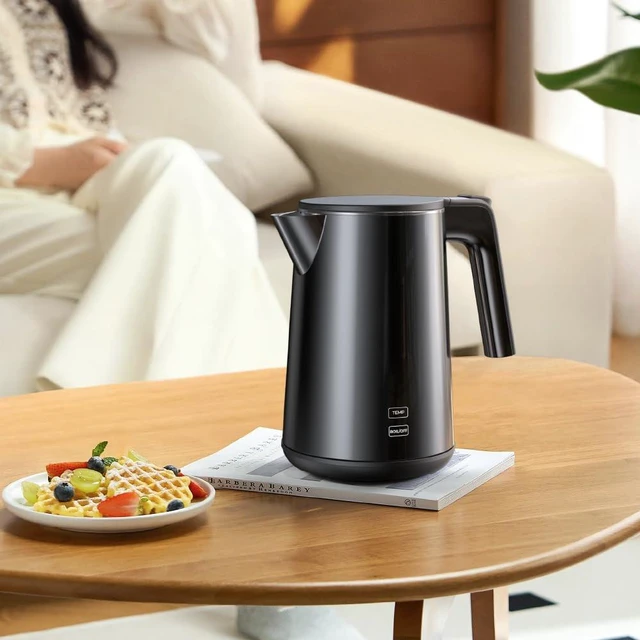 Main image of Electric Kettle Adjustable Temperature,1200W Rapid Heat Water Boiler, Black | Double Wall Cool Touch , All Stainless Steel Water Contact, Auto Shutoff, Portable Electric Kettle for Household, Office
