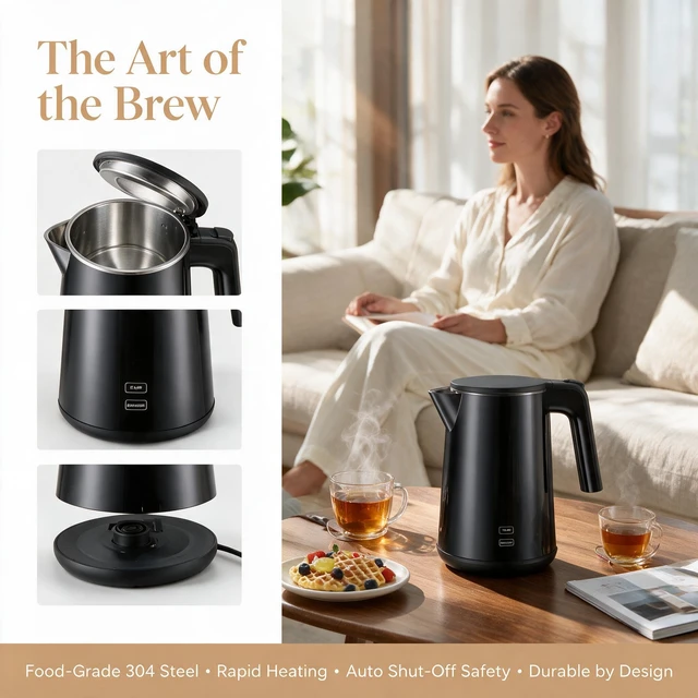 Alt view image 4 of 5 - Electric Kettle Adjustable Temperature,1200W Rapid Heat Water Boiler, Black | Double Wall Cool Touch , All Stainless Steel Water Contact, Auto Shutoff, Portable Electric Kettle for Household, Office