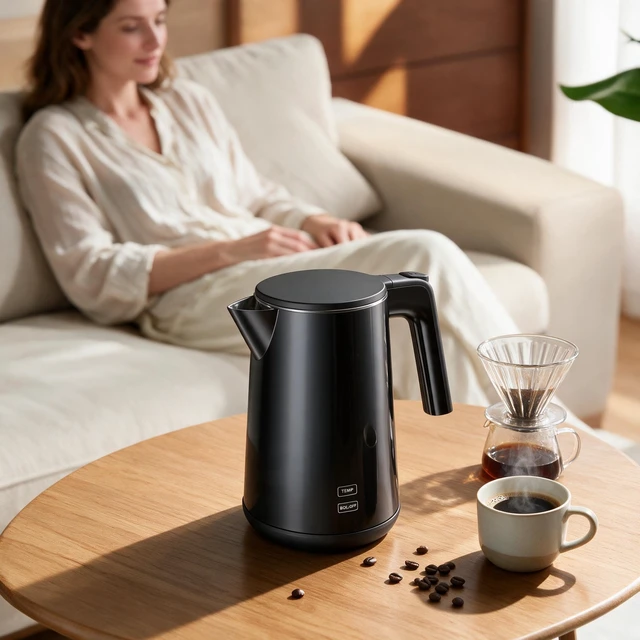 Alt view image 2 of 5 - Electric Kettle Adjustable Temperature,1200W Rapid Heat Water Boiler, Black | Double Wall Cool Touch , All Stainless Steel Water Contact, Auto Shutoff, Portable Electric Kettle for Household, Office