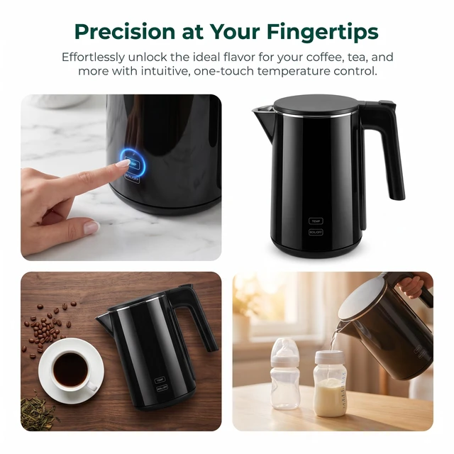 Alt view image 5 of 6 - Electric Kettle 1.0L Adjustable Temperature, 1200W Fast Heating, BPA-Free | Cool Touch Anti-Scald Outer Shell, Food-Grade Stainless Steel Interior, for Home Office Dorm