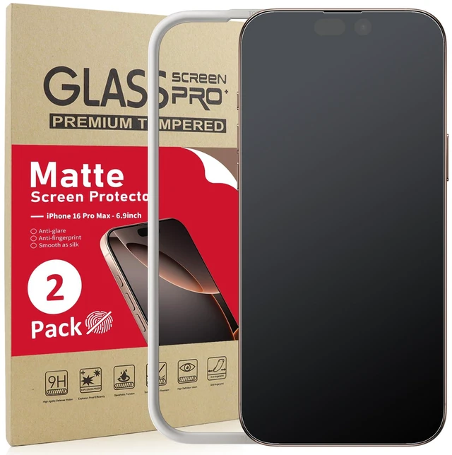Main image of Matte Screen Protector for iPhone 16 Pro Max 6.9inch, 2 Pack | Anti Glare, Anti Fingerprint, 9H Tempered Glass, Scratch Resistance Military-Grade, Smooth as Silk, Easy Installation Frame
