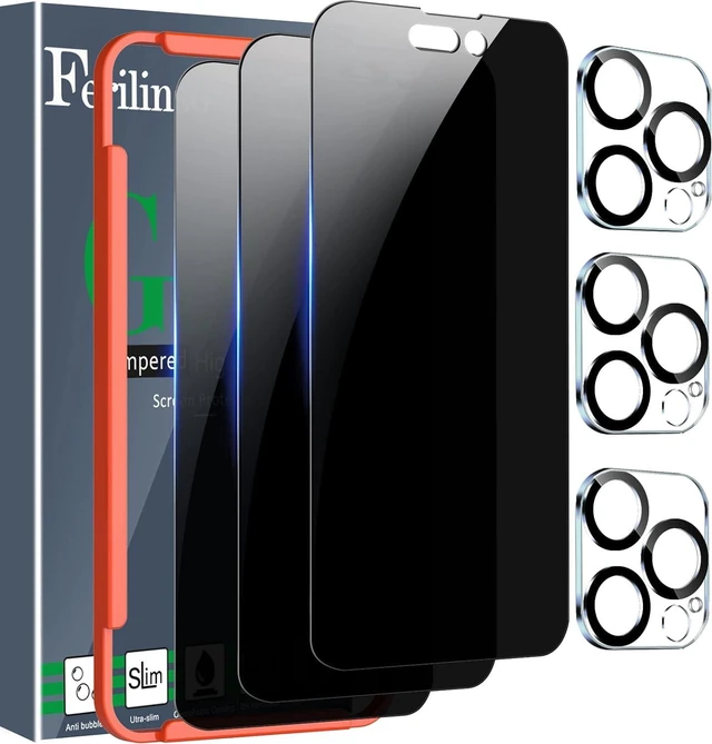 Main image of Privacy Screen Protector for iPhone 14 Pro Max, Tempered Glass | 3 Pack, 9H+ Hardness, Military-Grade Shatterproof, Case Friendly, Easy Installation Bubble Free, with Camera Lens Protector