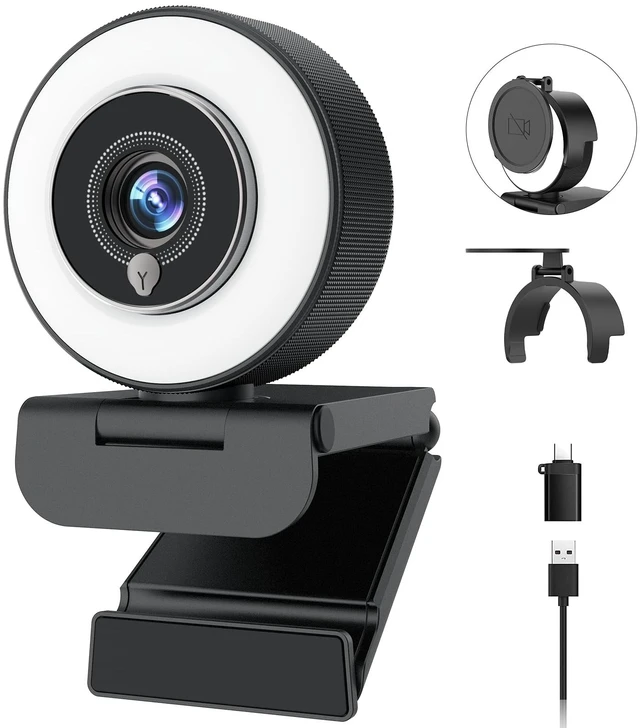 Main image of 4K Webcam with Ring Light, Computer Web Camera for Desktop, Laptop | 4K@30FPS, PDAF Autofocus, 1080P@60FPS, 2 Microphones, USB-A/C, Privacy Cover, Streaming Web Cam for PC Mac, Zoom Teams Twitch