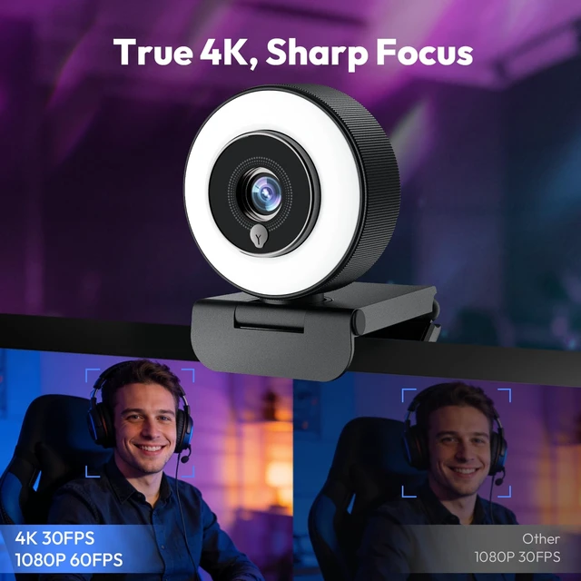 Alt view image 2 of 7 - 4K Webcam with Ring Light, Computer Web Camera for Desktop, Laptop | 4K@30FPS, PDAF Autofocus, 1080P@60FPS, 2 Microphones, USB-A/C, Privacy Cover, Streaming Web Cam for PC Mac, Zoom Teams Twitch