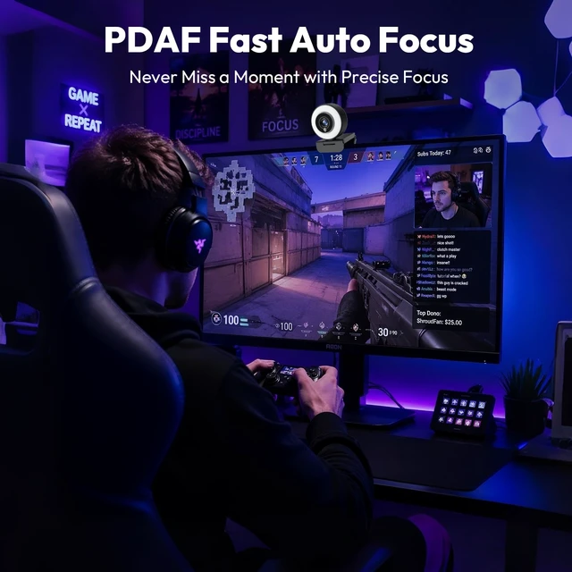 Alt view image 4 of 7 - 4K Webcam with Ring Light, Computer Web Camera for Desktop, Laptop | 4K@30FPS, PDAF Autofocus, 1080P@60FPS, 2 Microphones, USB-A/C, Privacy Cover, Streaming Web Cam for PC Mac, Zoom Teams Twitch