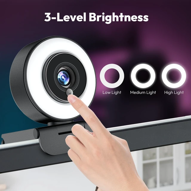 Alt view image 3 of 7 - 4K Webcam with Ring Light, Computer Web Camera for Desktop, Laptop | 4K@30FPS, PDAF Autofocus, 1080P@60FPS, 2 Microphones, USB-A/C, Privacy Cover, Streaming Web Cam for PC Mac, Zoom Teams Twitch