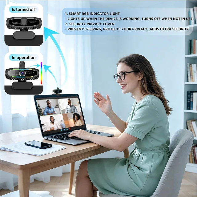 Alt view image 3 of 7 - 1080P HD Webcam with Microphone, USB Computer Camera for Laptop PC Desktop | 30fps web cam, Plug & Play USB with Privacy Cover, Auto Light Correction, RGB Status Light, for Remote Video Work