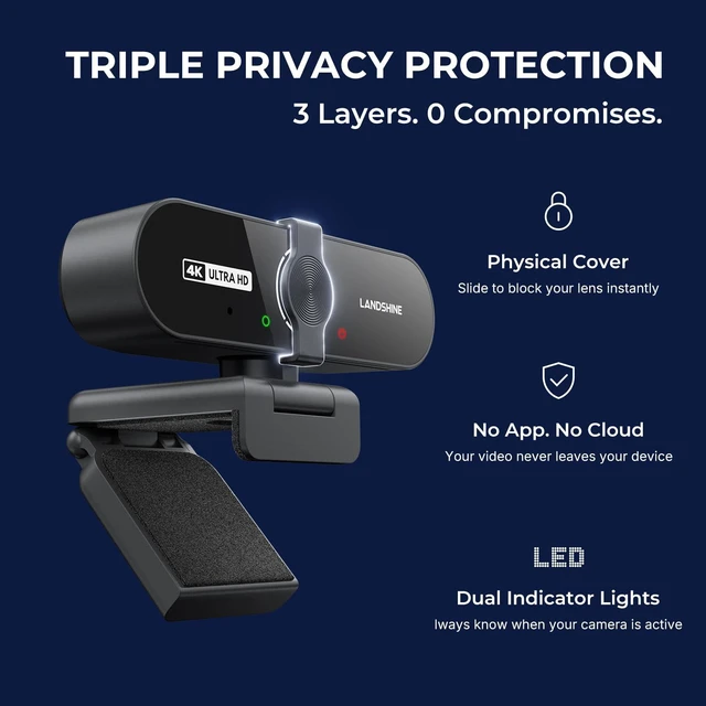 Alt view image 2 of 7 - 4K Webcam with Microphone, Triple Privacy Protection Computer Camera Calls | Plug & Play USB-A & USB-C, 360° Rotation & 90° Tilt, Auto Light Correction,Driver-Free Setup,PC Laptop WebCam for Work Home