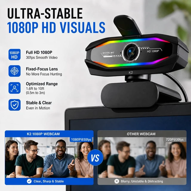 Alt view image 2 of 7 - 1080P Webcam with Microphone, Full HD Web Camera with RGB Light for Pc, Light Correction and Noise Cancellation Streaming Webcam, USB Computer Camera with Privacy Cover ,Plug and Play PC Web Cam
