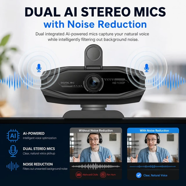 Alt view image 3 of 7 - 1080P Webcam with Microphone, Full HD Web Camera with RGB Light for Pc, Light Correction and Noise Cancellation Streaming Webcam, USB Computer Camera with Privacy Cover ,Plug and Play PC Web Cam